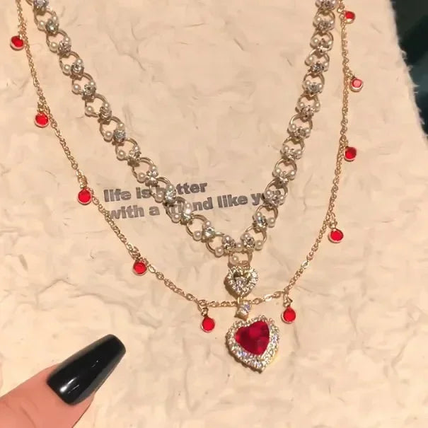 Red Heart Pearl Double-Layer Necklace | Collarbone Chain