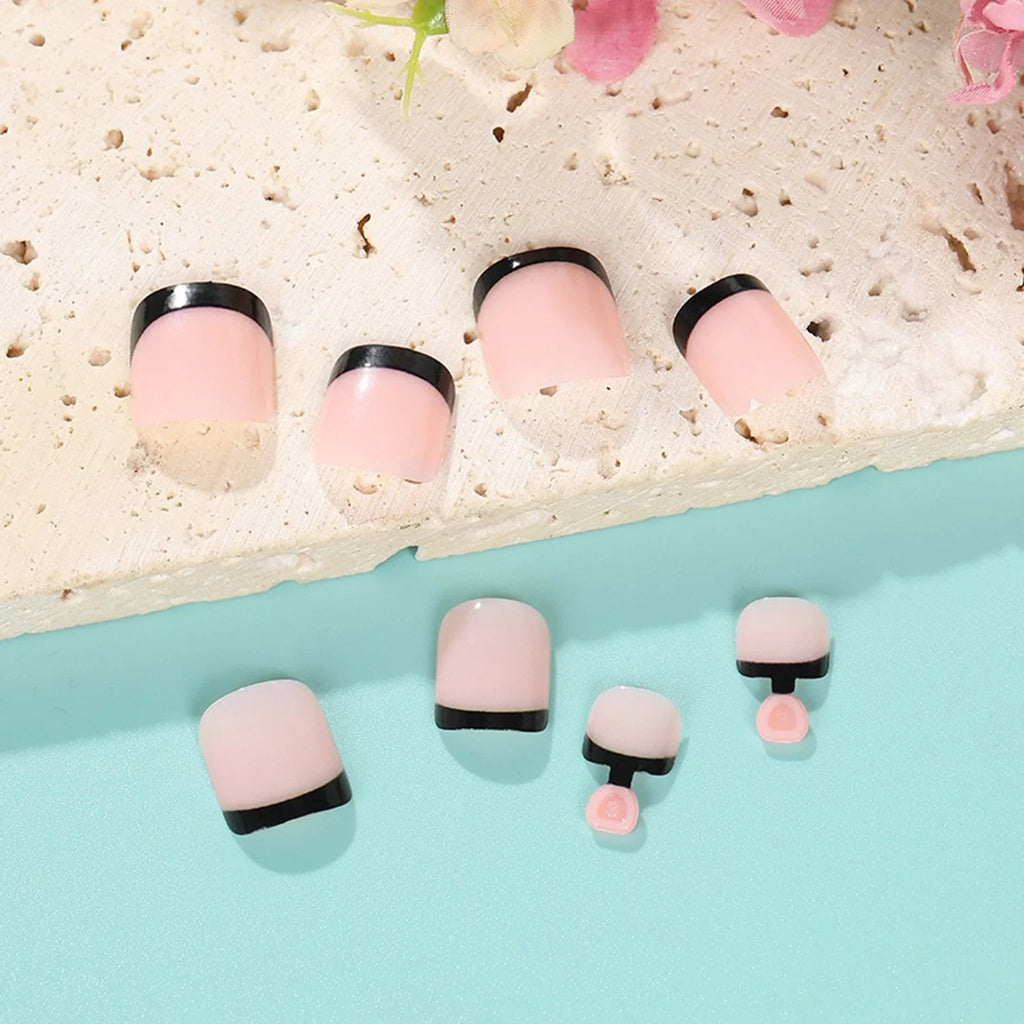 Nude & Black French Tip Press-On Toenails 24pcs | Square