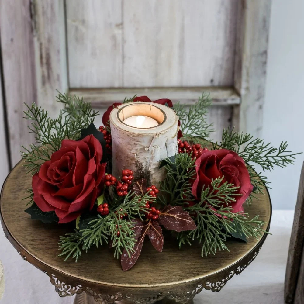 Christmas Candlestick Wreath Red Fruit Artificial Flowers Candle Ring