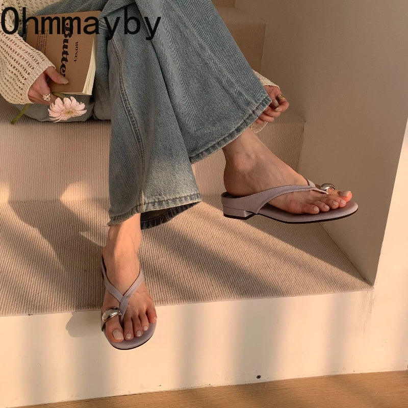 Women's Metal Clip Toe Slide Slippers | Square Heel Flip Flops