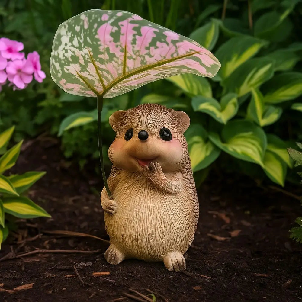 Leaf Umbrella Hedgehog Figurine | Resin Garden Statue Decor