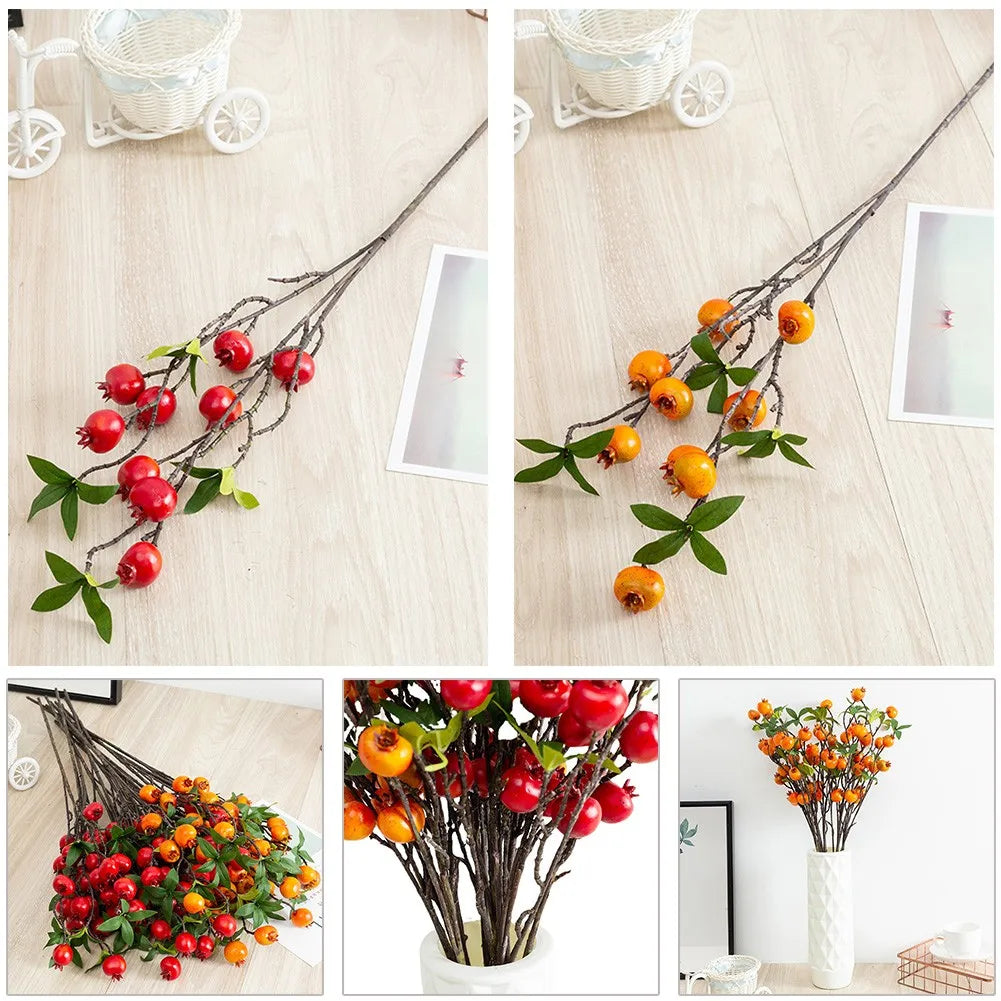 2colors 9 Heads Fake Pomegranate Branch Leaves Lifelike Red Orange