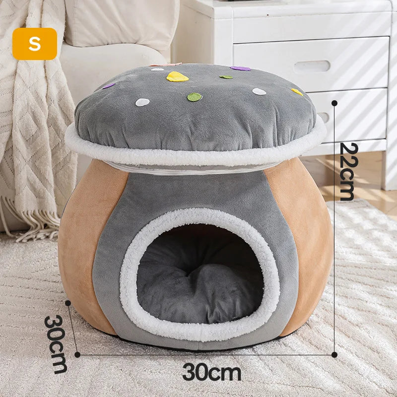Mushroom Cat Bed Thickened Warm Winter Rabbit Plush Detachable