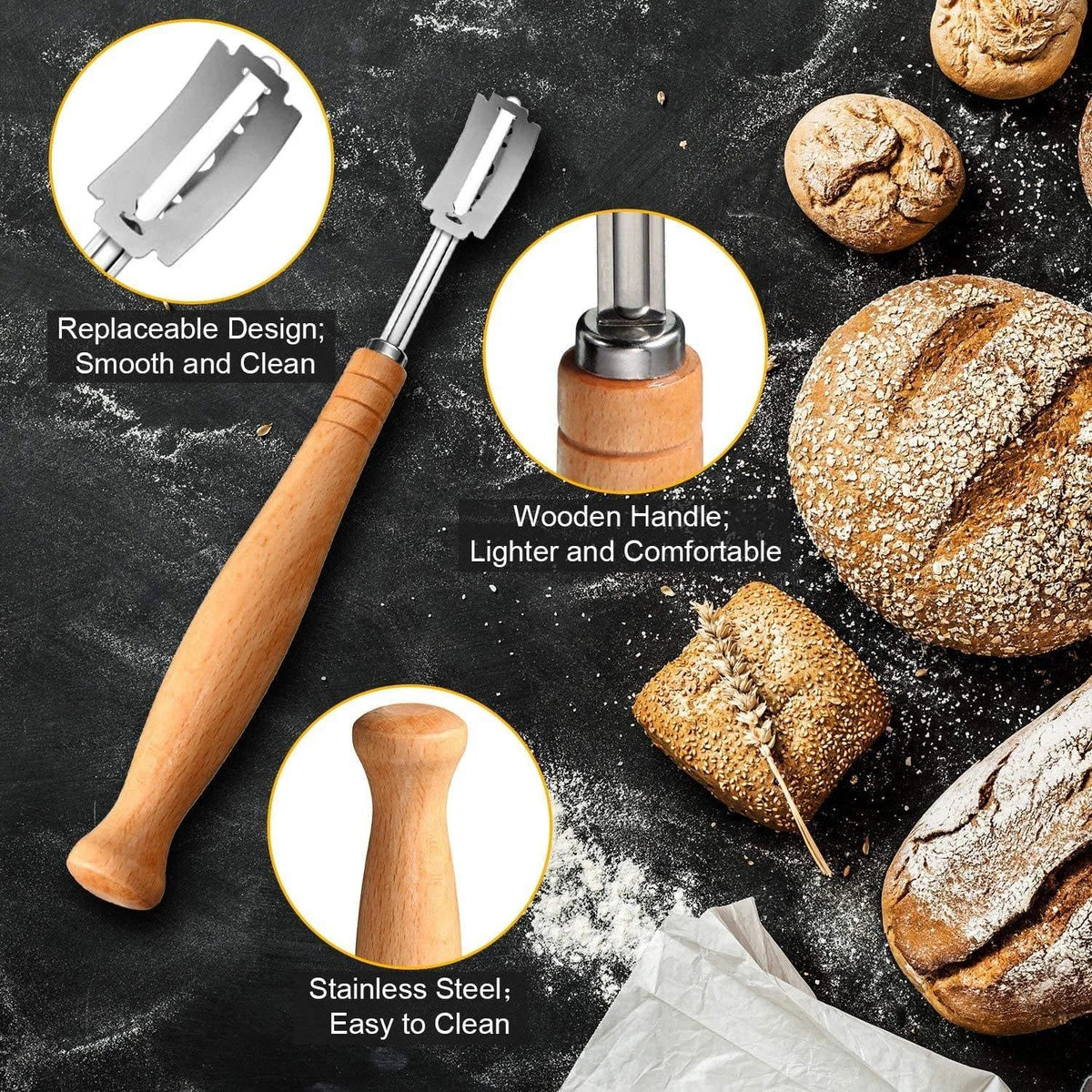 Bread Lame Scoring Tool – Wood Handle & 5 Razor Blades