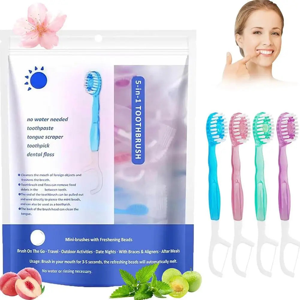 5-in-1 Disposable Travel Toothbrush – Toothpaste, Floss & Pick