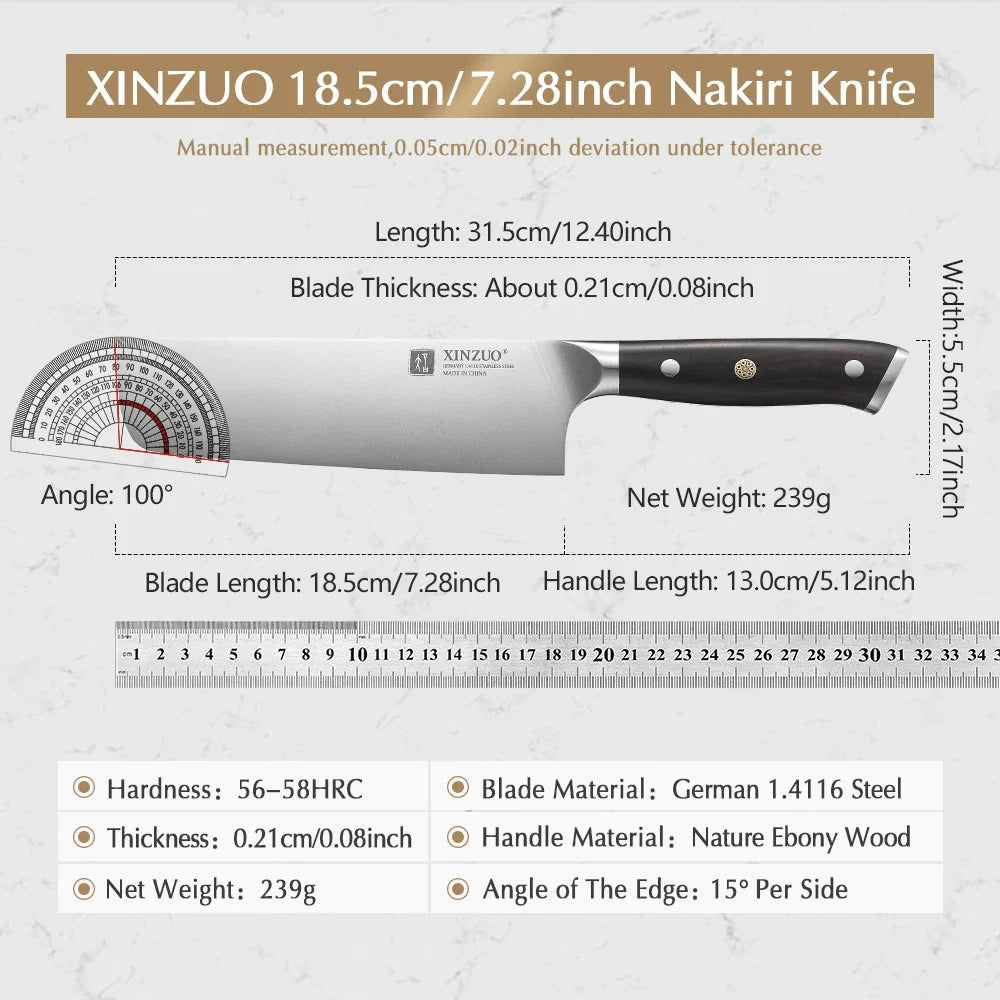 XINZUO 7.28" Nakiri Knife – German Steel & Ebony Wood Handle