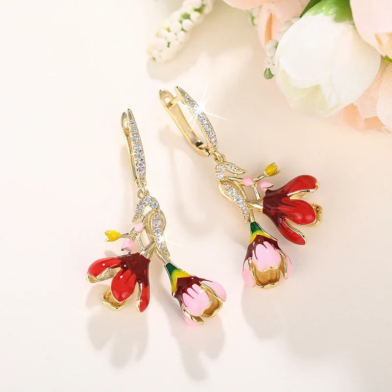 Huitan Colorful Flower Drop Earrings – Gold Cubic Zirconia