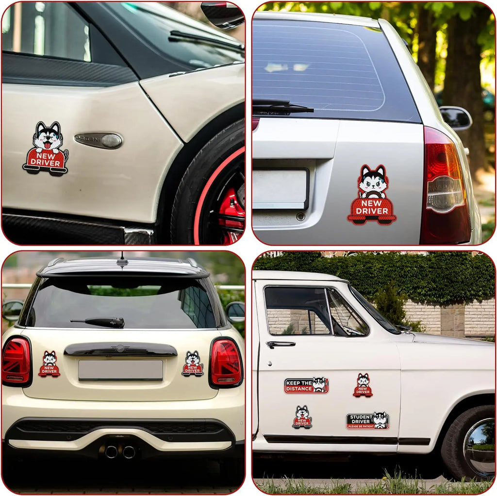 4-Pack Cartoon Cat New Driver Car Magnets | Reflective Safety Signs