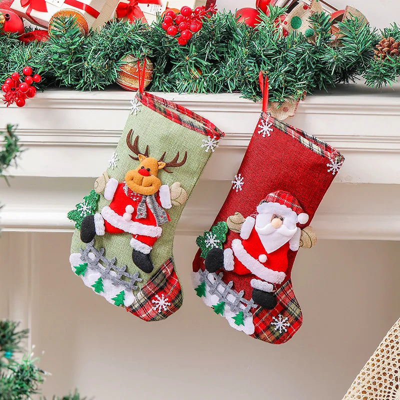 Linen Large Christmas Stocking Fence Bag Tree Hanging Ornaments Candy