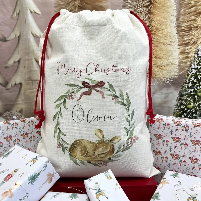 Personalised Baby 1st Christmas 2025 Woodland Deer Santa Sack