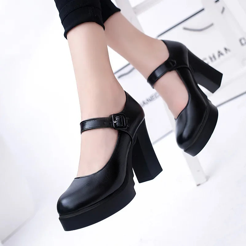 Women's Chunky Heel Pumps – Round Toe Buckle Strap Dress Shoes