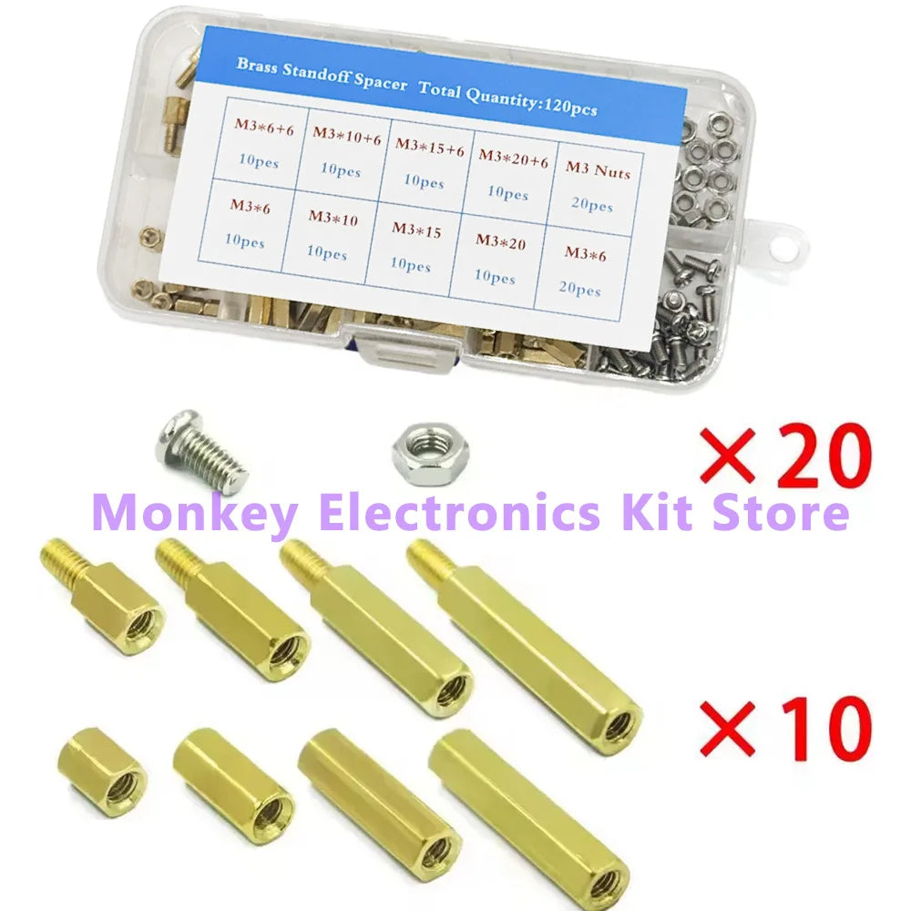 120pcs M3 Brass Standoff Spacer Kit – PCB Hex Pillar Screws & Nuts