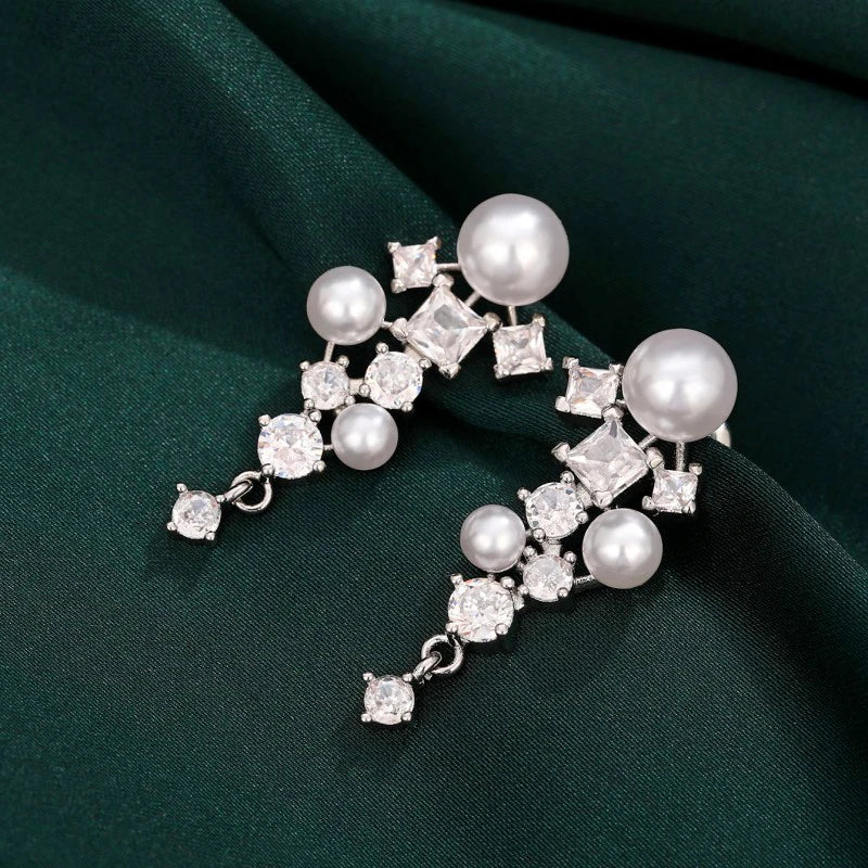 Huitan Pearl & CZ Drop Earrings – Elegant Women's Jewelry