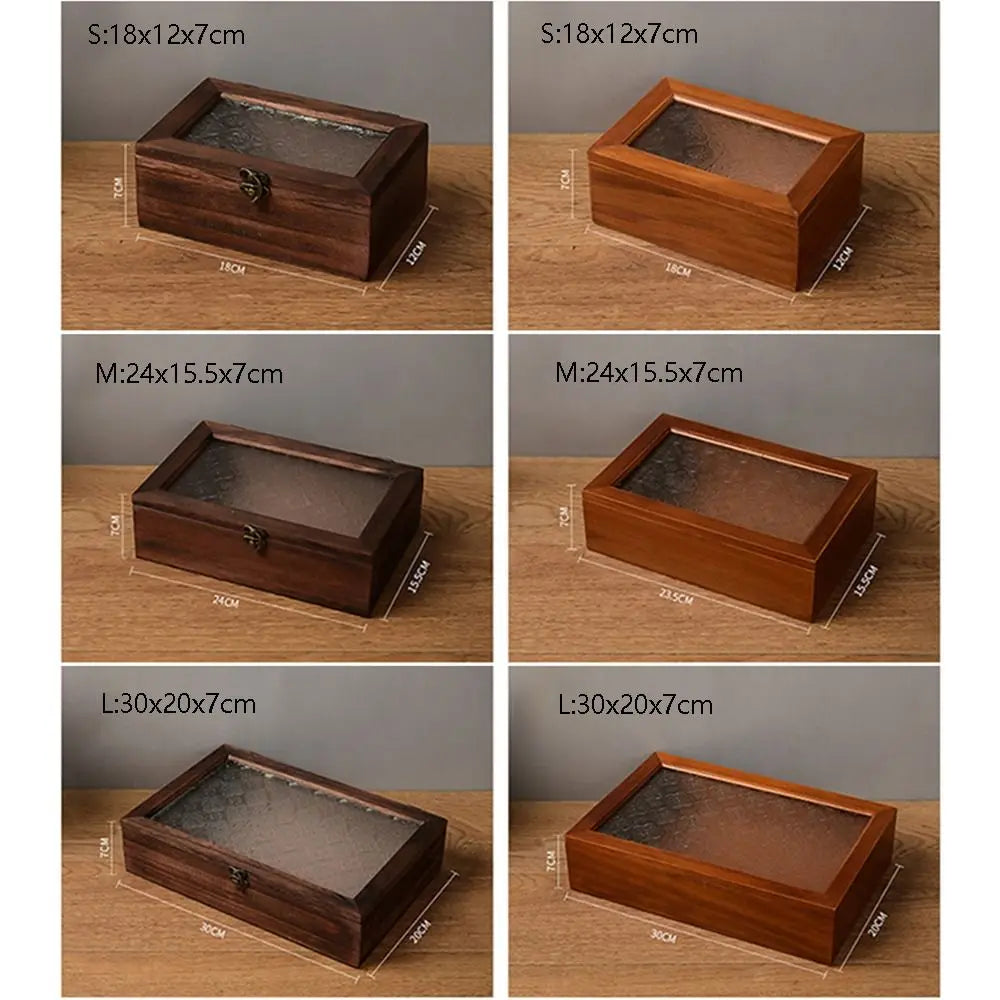 Vintage Wooden Jewelry Box with Floral Glass Lid | Trinket Storage