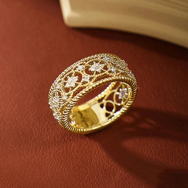 Huitan Vintage Hollow CZ Ring – Gold Tone Women's Jewelry