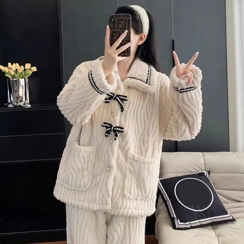 Women's Bow Pajama Set – Warm Thick Winter Sleepwear 2-Piece