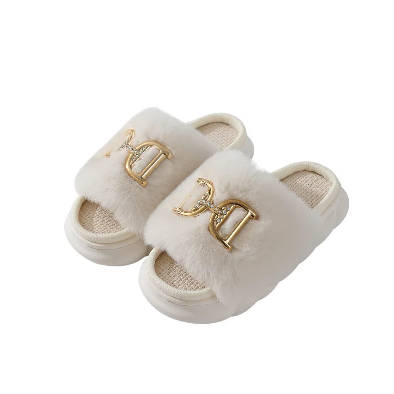 Women's Fluffy Fur Slides Buckle Decor Faux Fur Slippers