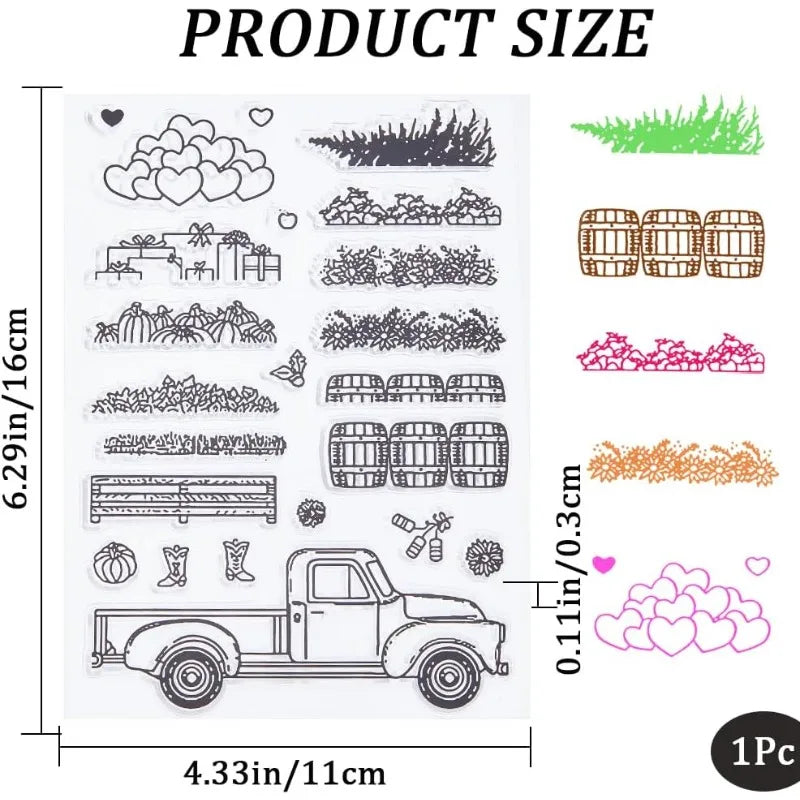 Autumn Farm Truck Clear Silicone Stamp – Pumpkin & Flowers