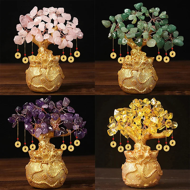 Yellow Crystal Money Tree Feng Shui Wealth Bonsai Ornament