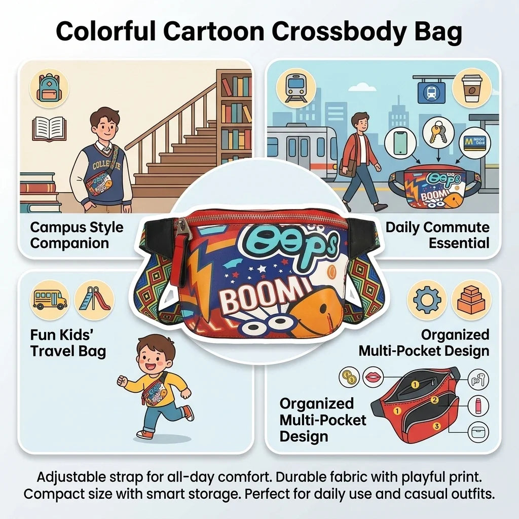 Korean Cartoon Crossbody Bag | Adjustable Strap, Multi-Pocket