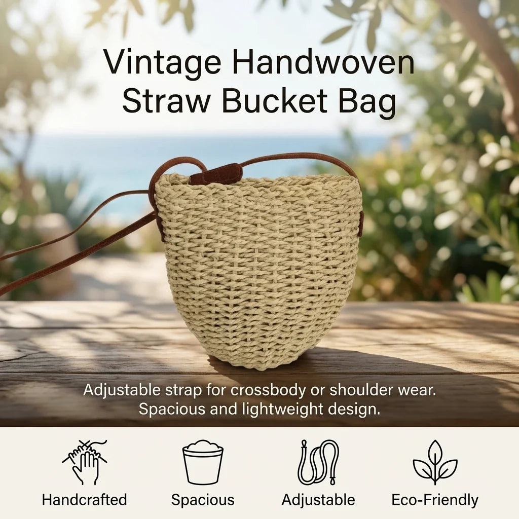 Handwoven Straw Bucket Bag – Vintage Wicker Crossbody for Women