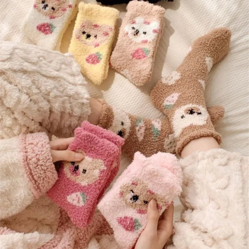 Women's Cozy Coral Fleece Socks – Cute Strawberry Bear Plush