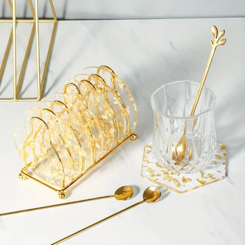 4-Piece Golden Foil Acrylic Coaster Set – Heat Resistant Pads