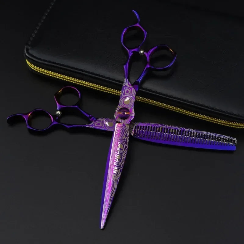 7-Inch Purple Damascus Hair Thinning Shears | Pro Barber Scissors
