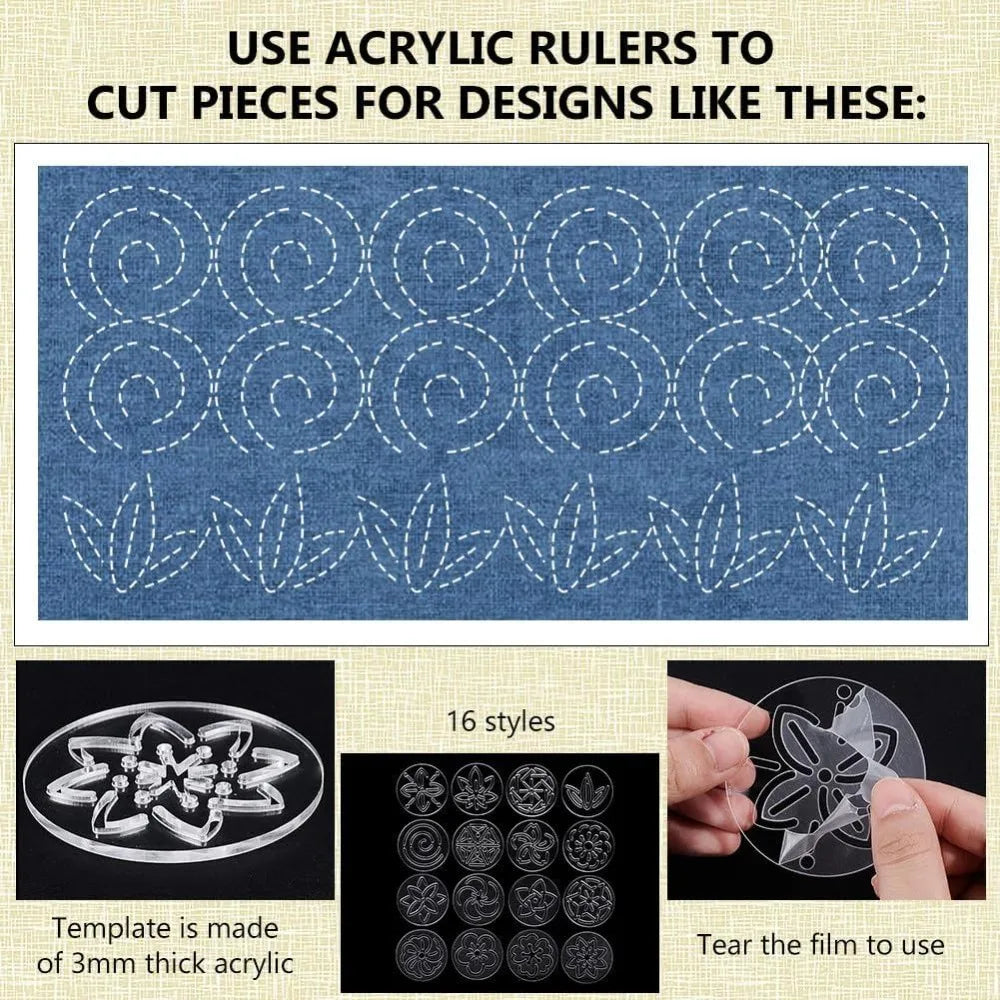 16-Pc Acrylic Sashiko Stencil Set – Flower Embroidery Templates