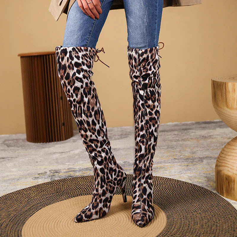 Women's Leopard Print Over-the-Knee Stiletto Boots