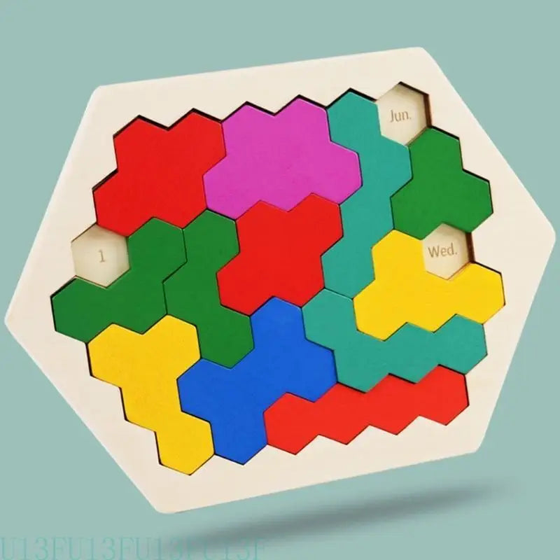 Wood Hexagon Tangram Puzzle – STEM Brain Teaser for Kids & Adults