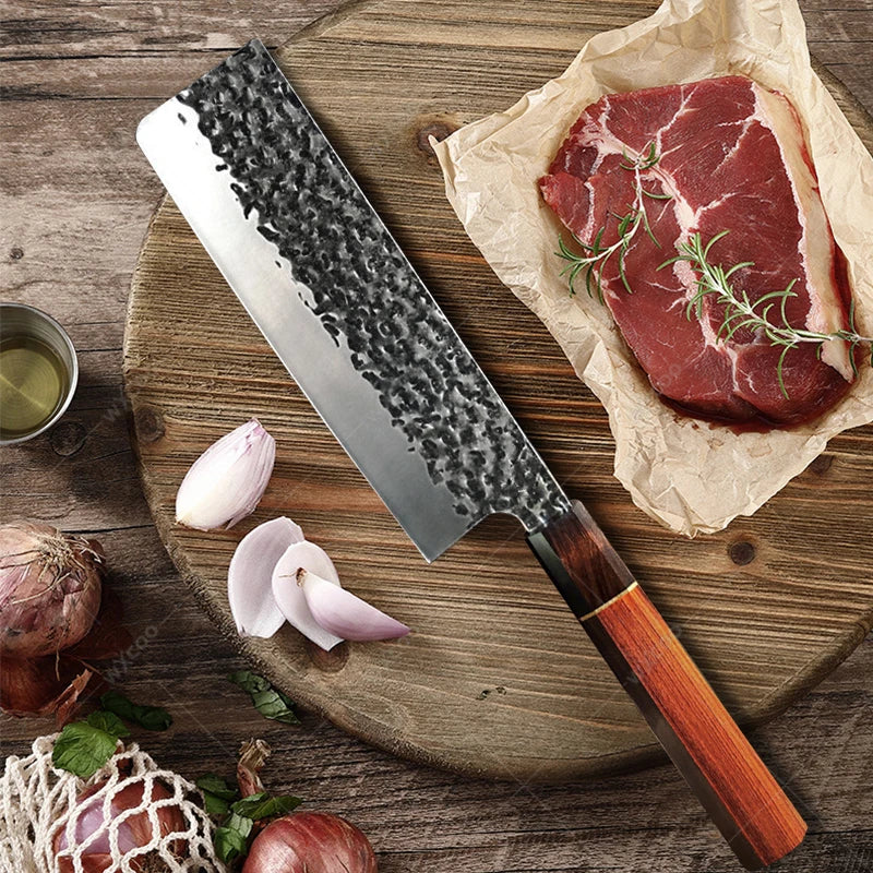Hand Forged Japanese Santoku Chef Knife with Wood Handle & Gift Box