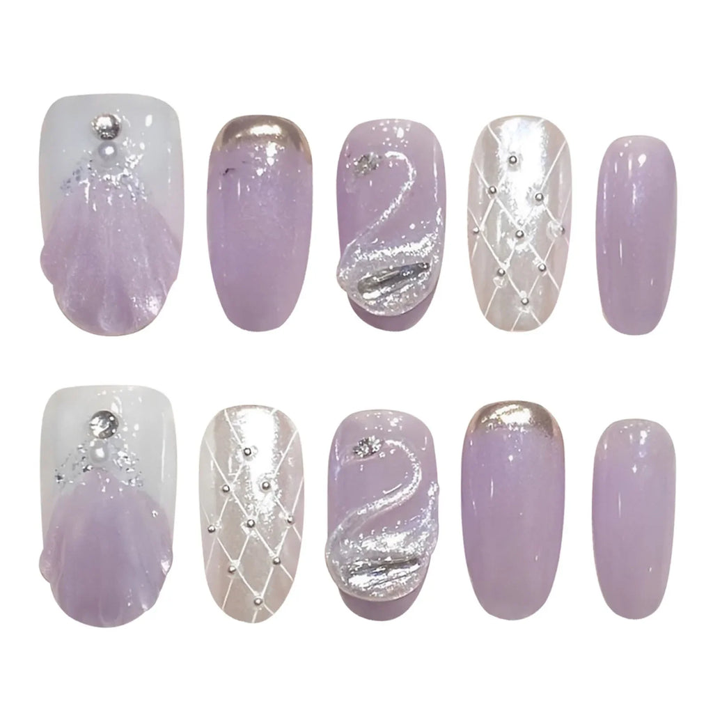 3D Swan Press On Nails – Purple Cat Eye Short Round | YADORNOS
