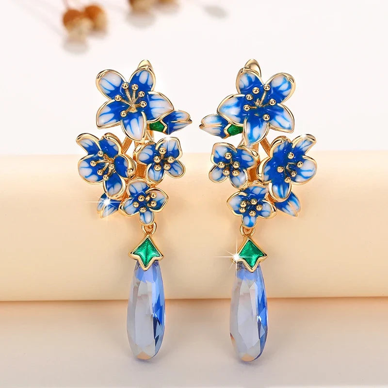 Huitan Blue Morning Glory Drop Earrings – Gold Floral Jewelry