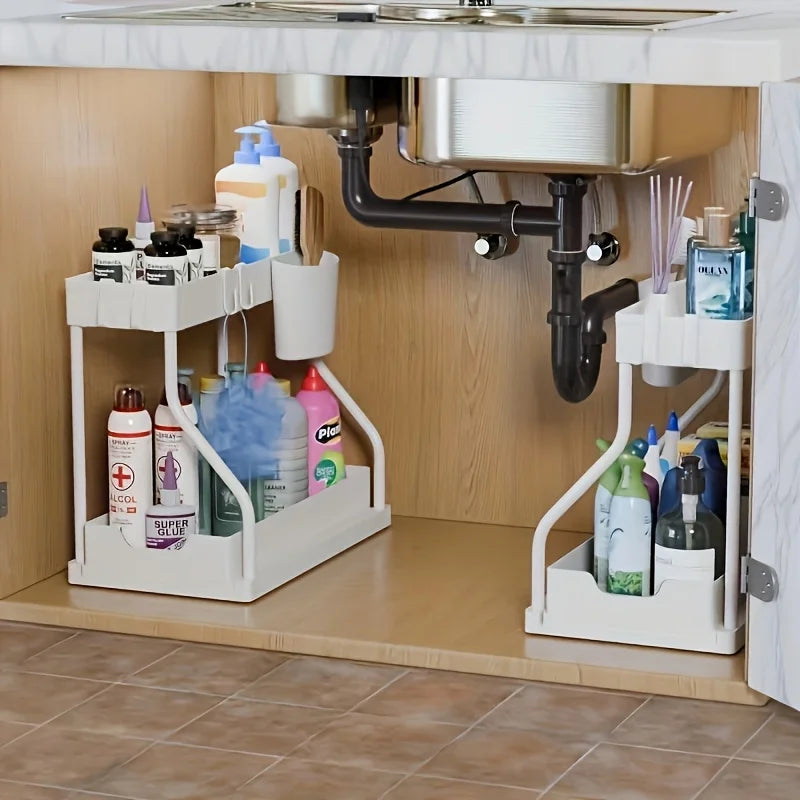 Double Layer Storage Rack Pull-out Box Cabinet Sink Organizing Racks