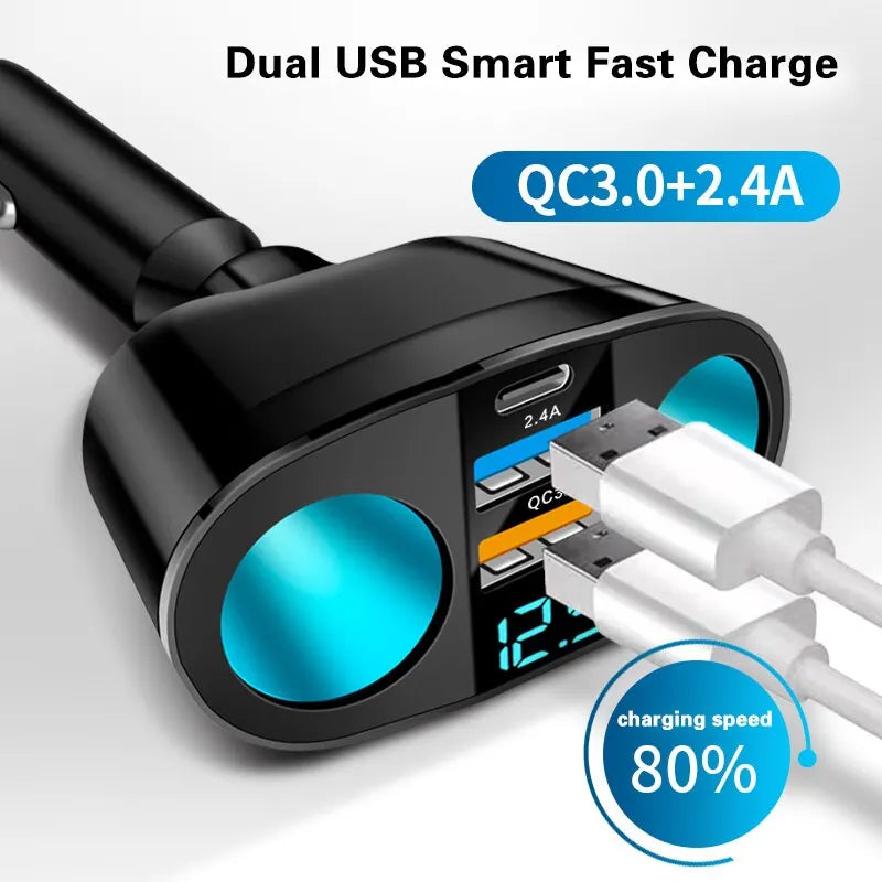 Dual-Port Car Charger Digital Display – QC3.0 & 2.4A 20W