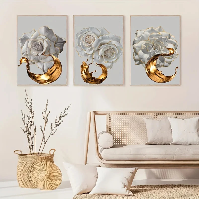 3-Piece White Rose Gold Canvas Wall Art | Modern Floral Decor