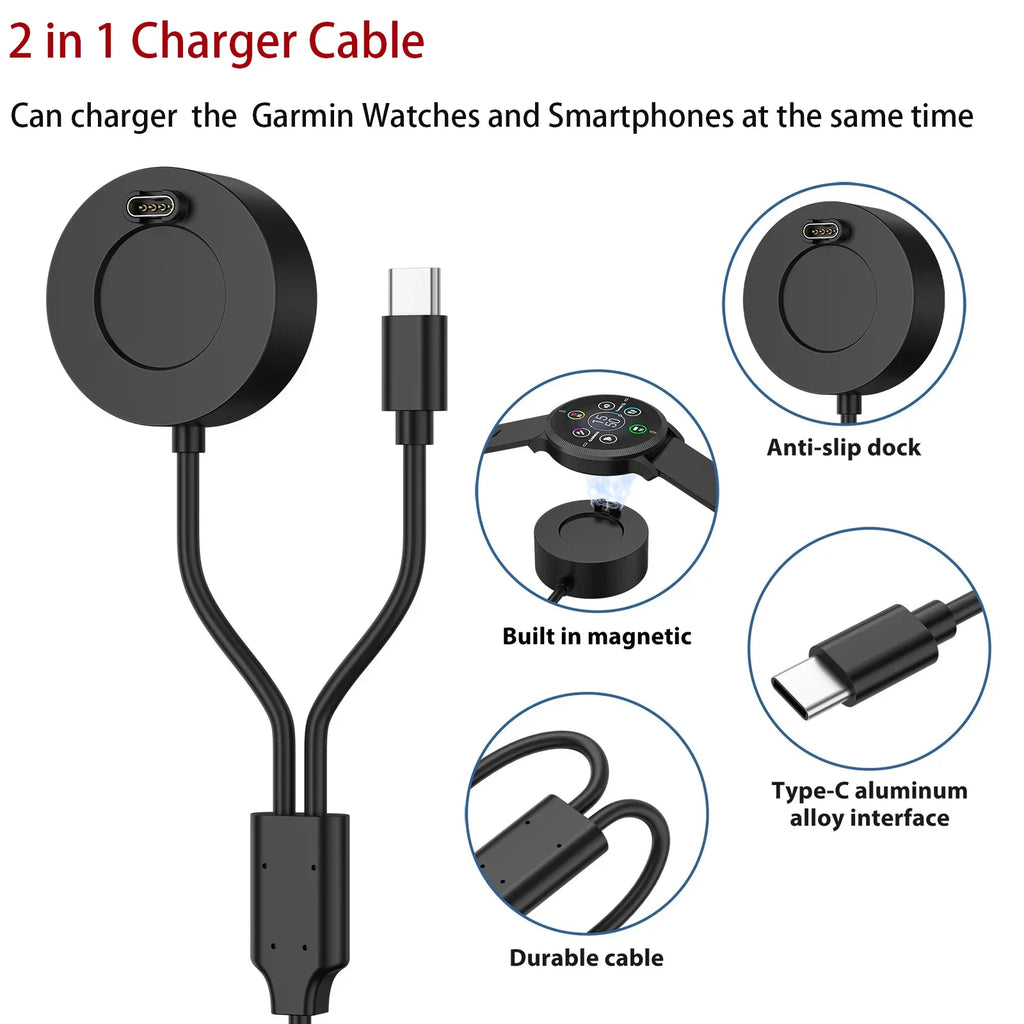 2-in-1 USB-C Charger Cable for Garmin Fenix 7/6/5X, Venu 2