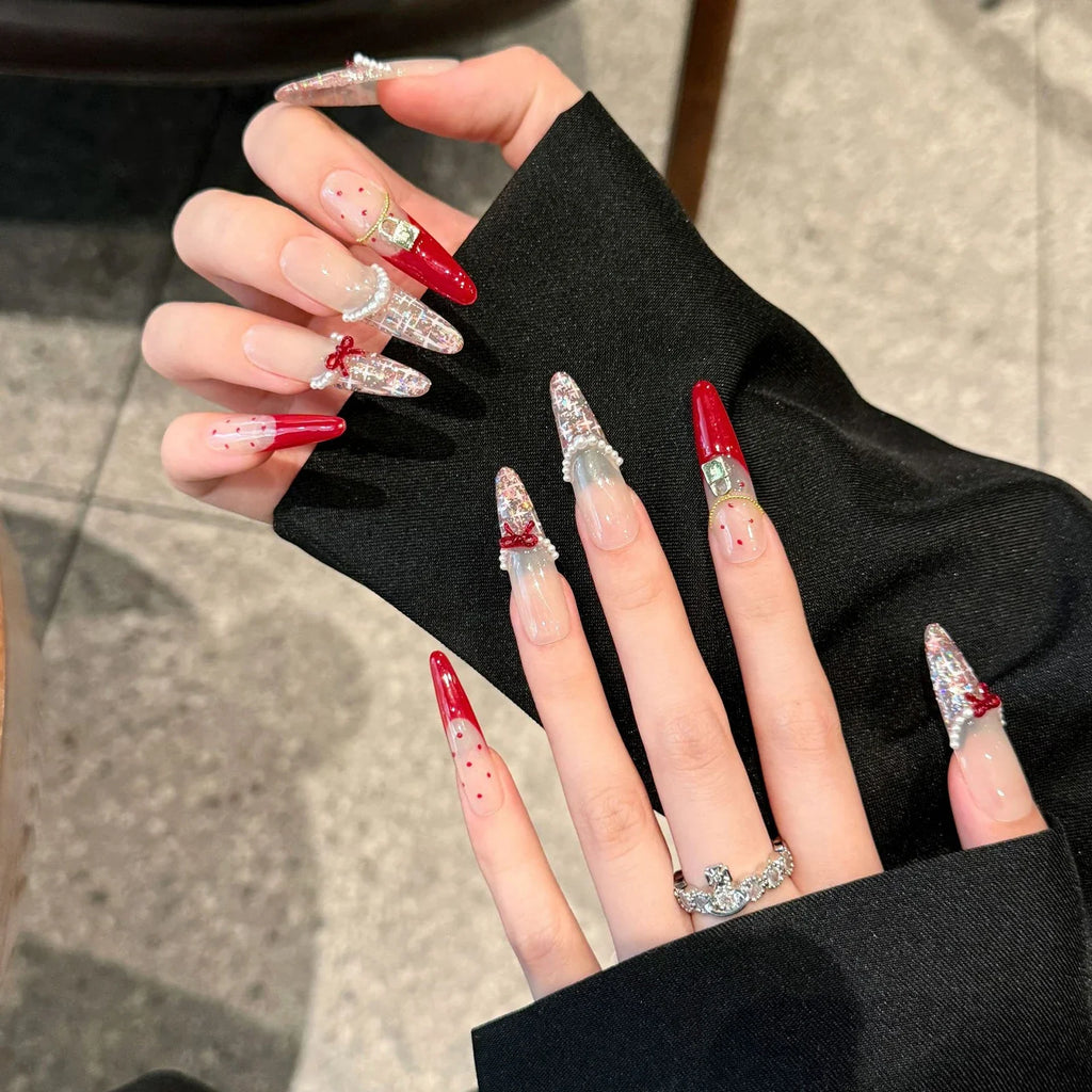 Long Oval Press On Nails – Red Bow French Sequin Tips 10pc