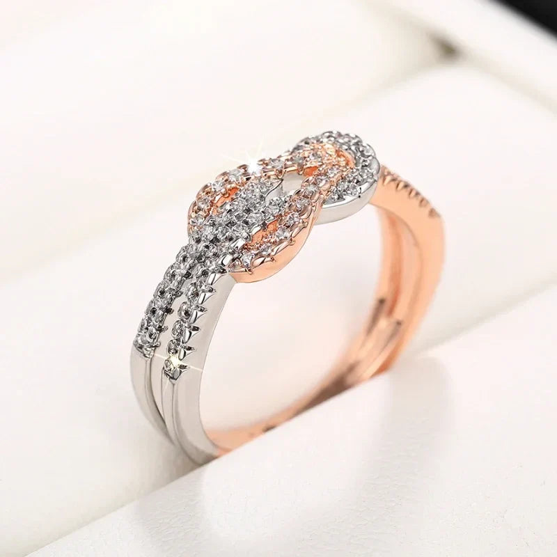 Huitan Two-Tone Twisty Knot Ring – Cubic Zirconia Women's Band