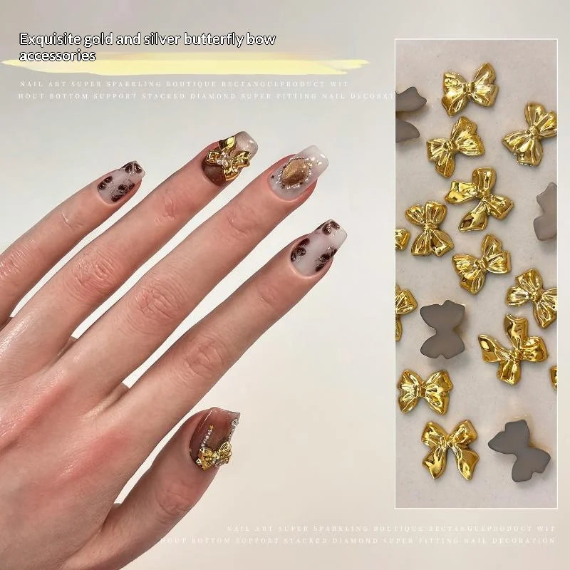 50pcs Gold & Silver Bow Tie Resin Nail Art Charms | Manicure Decor