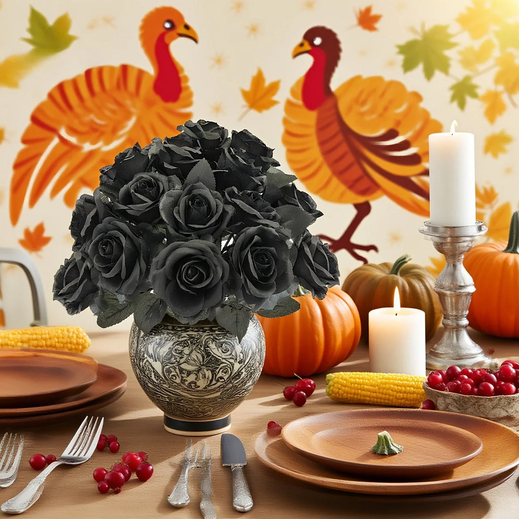 9-Bundle Black Artificial Rose Bouquet – Faux Flowers Decor
