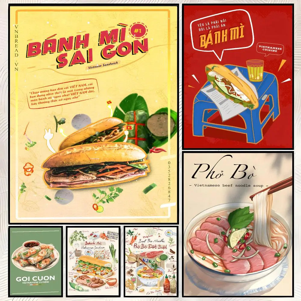 Vietnam Food Art Wall Poster – Banh Mi & Pho Self-Stick Decor