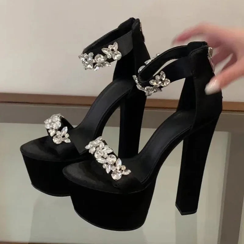 Women's Crystal Diamond Peep Toe Square Heel Platform Sandals