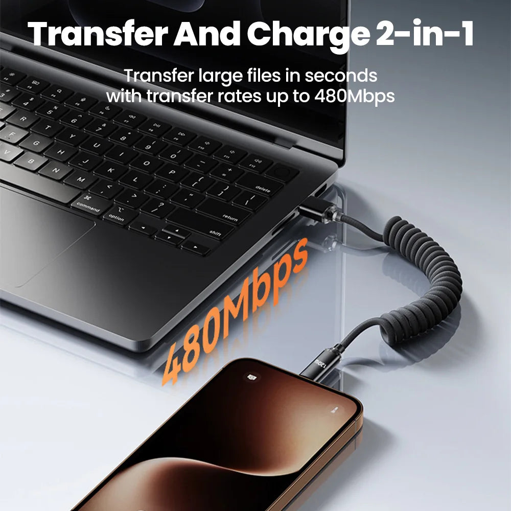 120W Retractable USB-C Fast Charge Cable | Spring Coil, 1M & 2M