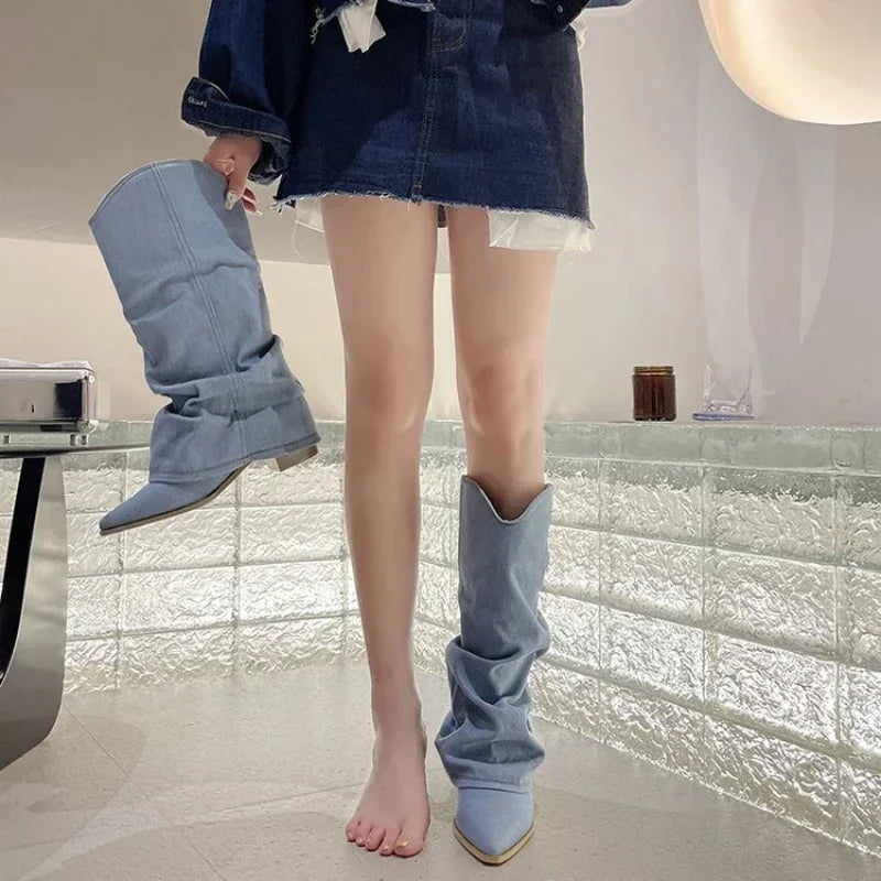 Pleated Blue Denim Chelsea Boots – Women's Square Heel Slip-On