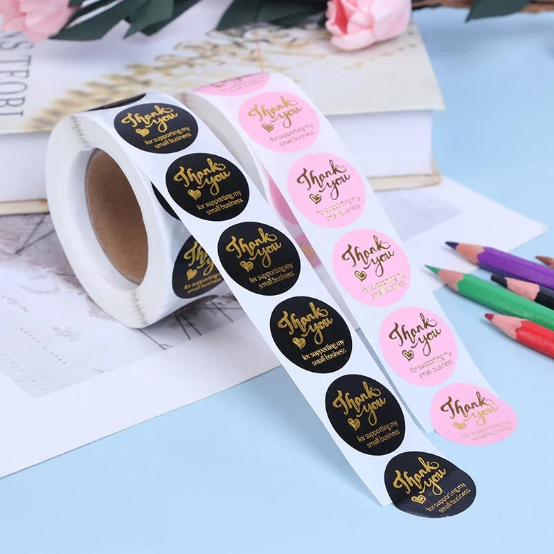 500 Round Thank You Stickers – Hot Stamp Pink & Black Labels