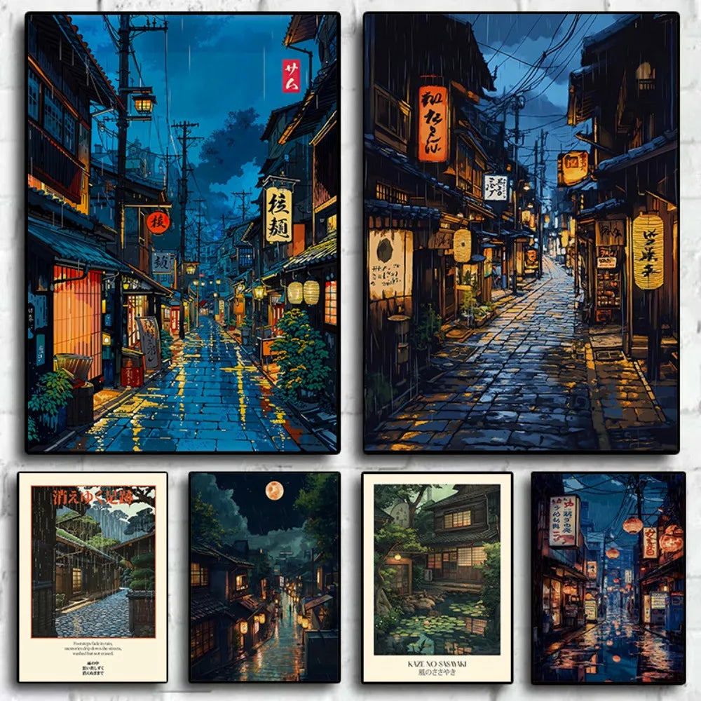 Retro Japanese City Rain Canvas Wall Art Poster | Frameless