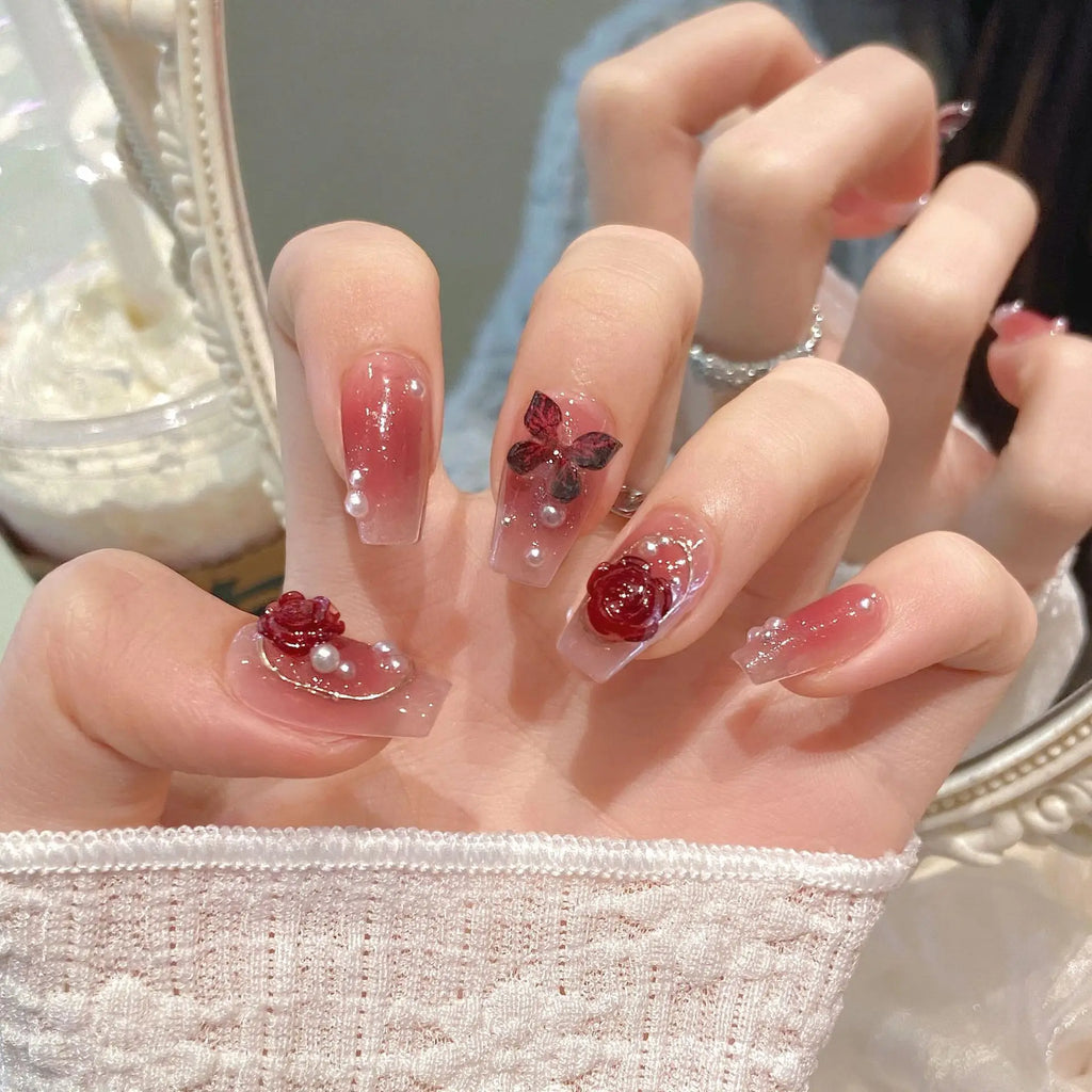 3D Butterfly Pearl Rose Press On Nails | Korean False Nails