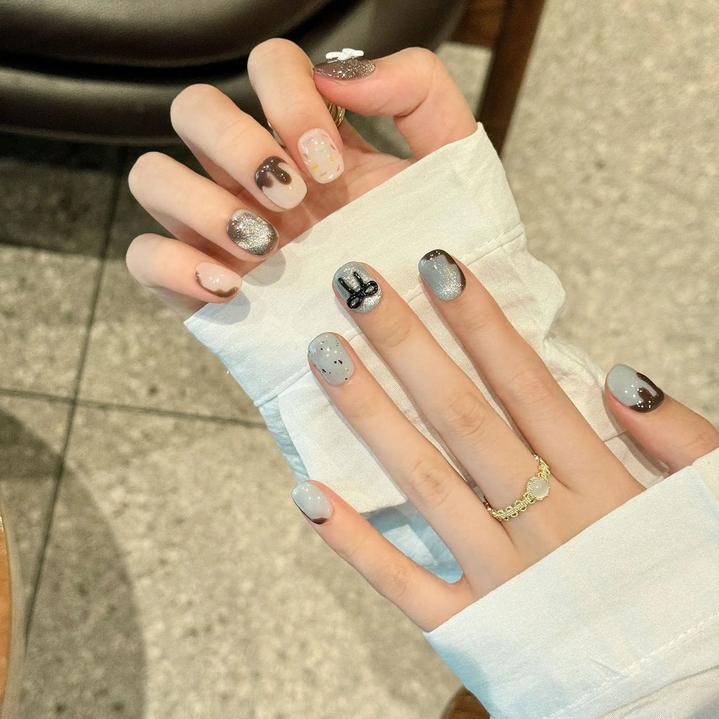 Handmade Press Nails White Black Bowknot French Fake Women Girl